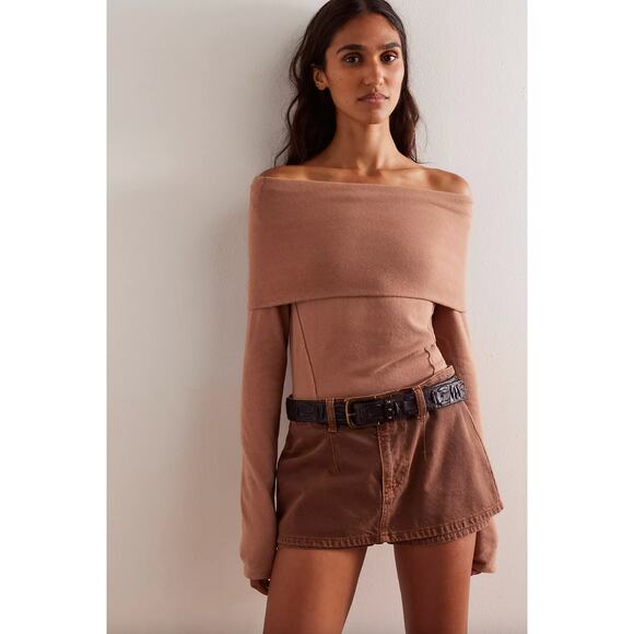 Free People Iris Off Shoulder Layering Top Cotton Jersey Long Sleeve Brown Sz XS - Picture 3 of 8